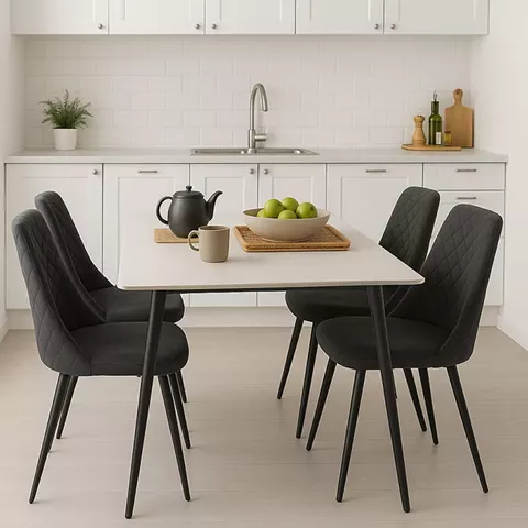 Τραπεζαρία Gustas-Giselle pakoworld σετ 5τεμ λευκό μαρμάρου sintered stone-βελούδο μαύρο 120x60x75εκ