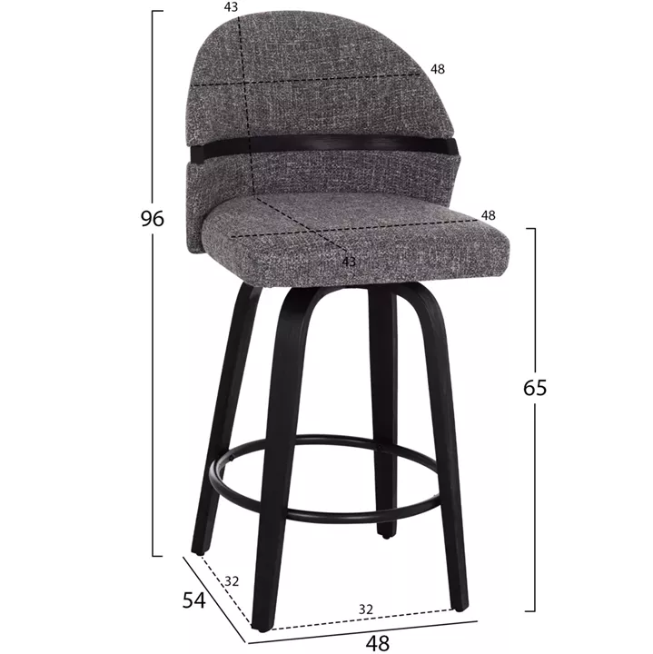 BAR STOOL SWIVEL DEKKER HM18250.03 PLYWOOD IN BLACK--FABRIC IN GREY 48x54x96Hcm.