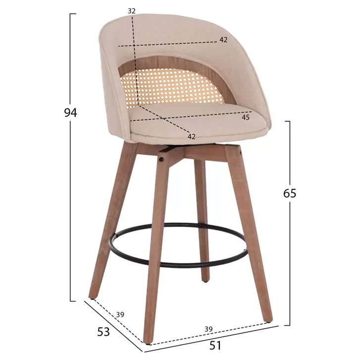 BAR STOOL SWIVEL RIKI HM18253.01 WOODEN LEGS--BEIGE FABRIC 51x53x94Hcm.