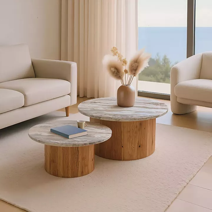 Coffee table Sergy pakoworld set 2 pieces solid acacia wood in natural color and marble top