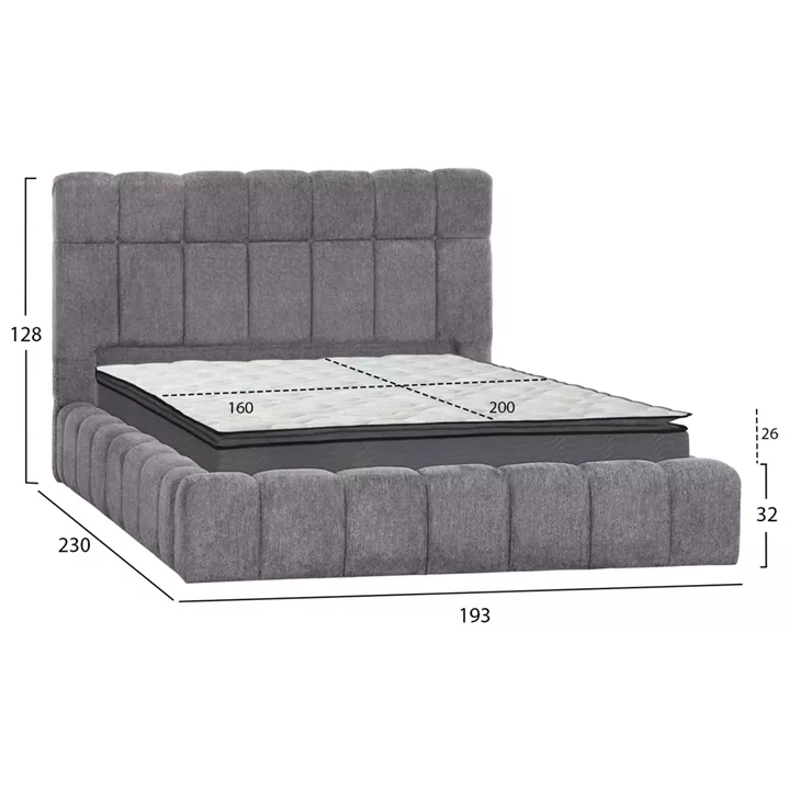 DOUBLE BED WITH MATTRESS & STORAGE SPACE RAMON HM21168 GREY BOUCLE FABRIC--FOR 160x200cm.