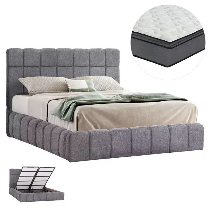 DOUBLE BED WITH MATTRESS & STORAGE SPACE RAMON HM21168 GREY BOUCLE FABRIC--FOR 160x200cm.