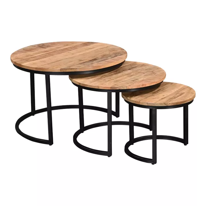 Coffee table Frina pakoworld set 3 pieces mango wood in natural color and black metal leg