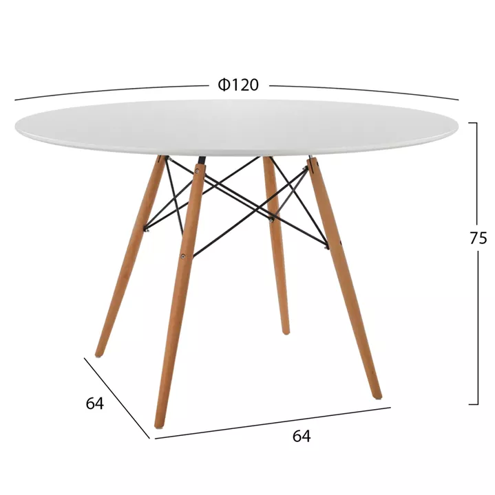 DINING TABLE ROUND MINIMAL HM8454.01 MDF IN WHITE COLOR-BEECH WOOD LEGS IN NATURAL Φ120Χ75Hcm.