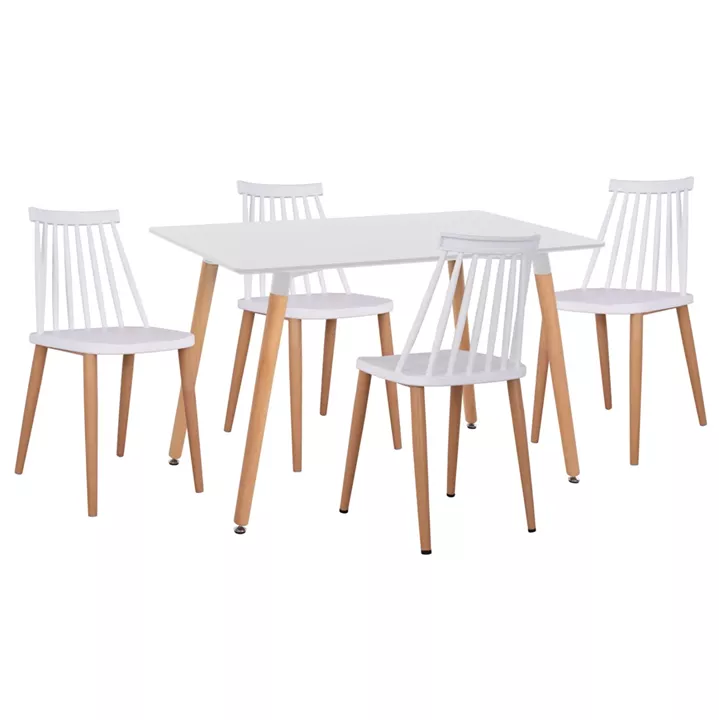 DINING SET 5PCS MINIMAL HM21172 MDF TOP IN WHITE-FRAMES IN NATURAL WOOD COLOR