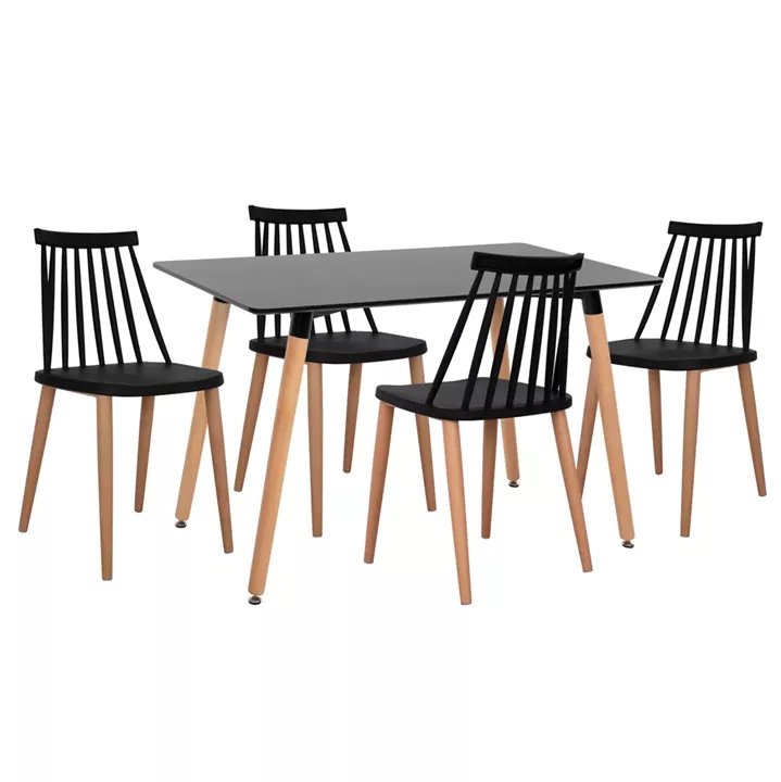 DINING SET 5PCS MINIMAL HM21178 MDF TOP IN BLACK-FRAMES IN NATURAL WOOD COLOR
