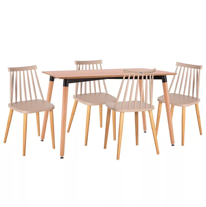 DINING SET 5PCS VANESSA HM21181 MDF TOP & FRAMES IN NATURAL WOOD COLOR-POLYPROPYLENE IN CAPPUCCINO
