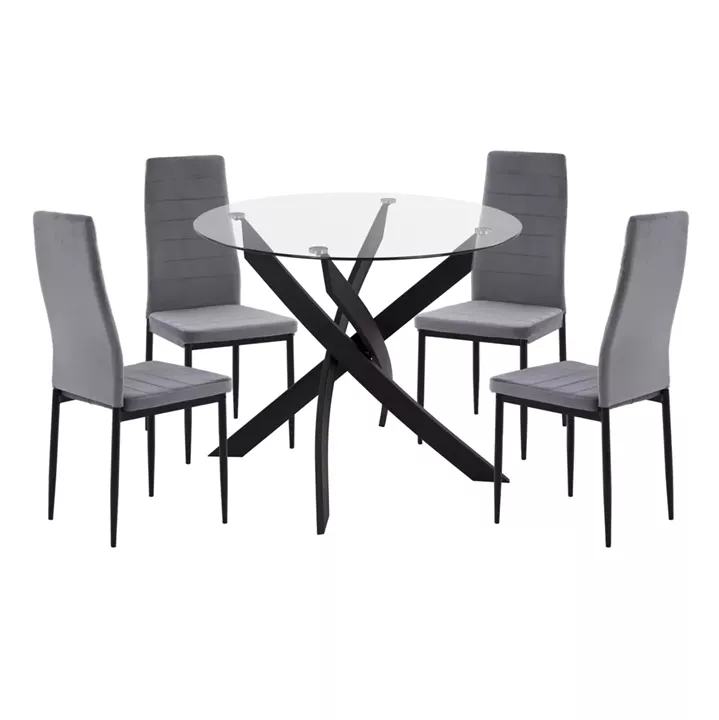 DINING SET 5PCS LADY HM21199.01 GLASS TOP--METAL IN BLACK & VELVET IN GREY
