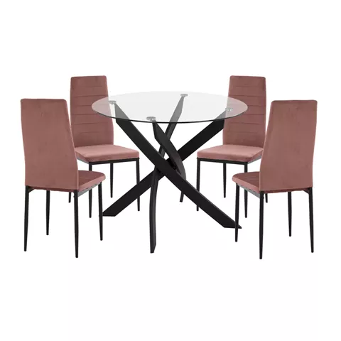 DINING SET 5PCS LADY HM21199.02 GLASS TOP--METAL IN BLACK & VELVET IN DUSTY PINK