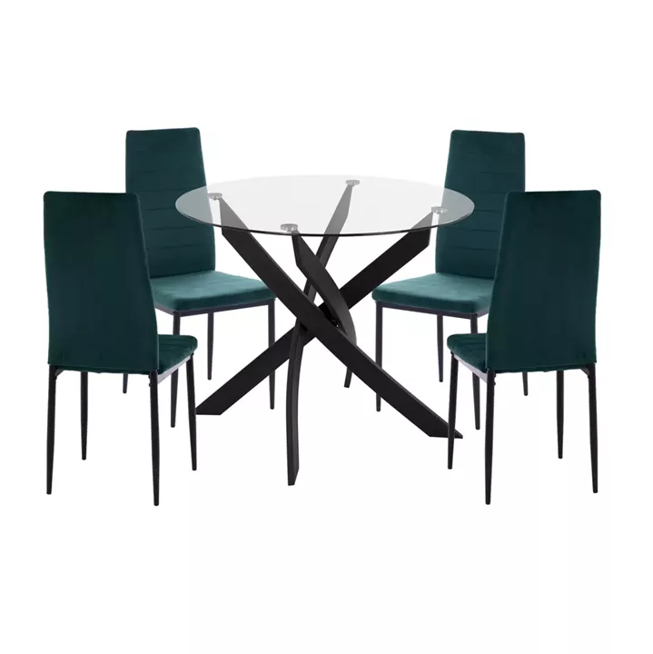 DINING SET 5PCS LADY HM21199.03 GLASS TOP--METAL IN BLACK & VELVET IN CYPRESS GREEN