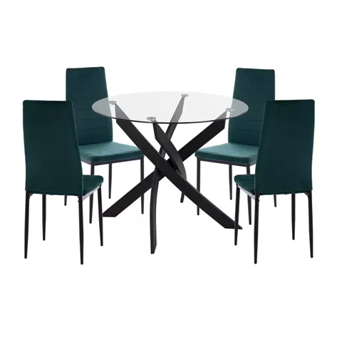 DINING SET 5PCS LADY HM21199.03 GLASS TOP--METAL IN BLACK & VELVET IN CYPRESS GREEN