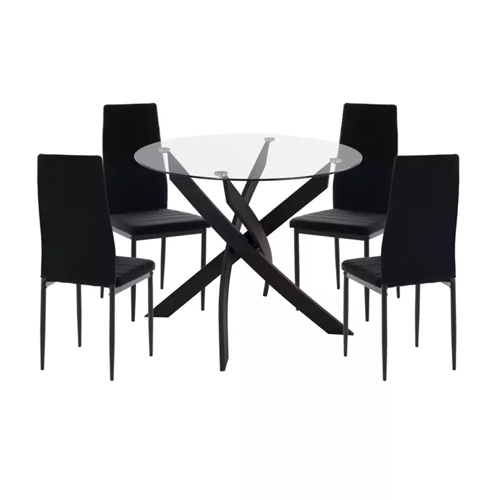DINING SET 5PCS LADY HM21199.04 GLASS TOP--METAL & VELVET IN BLACK