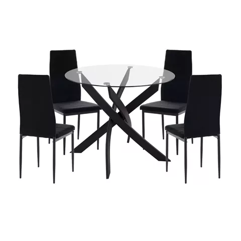 DINING SET 5PCS LADY HM21199.04 GLASS TOP--METAL & VELVET IN BLACK