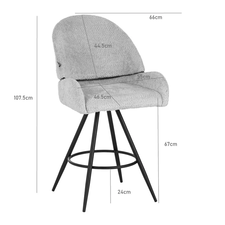 Morea pakoworld rotating bar stool bouclé in black color with black metallic legs 55x66x107.5cm