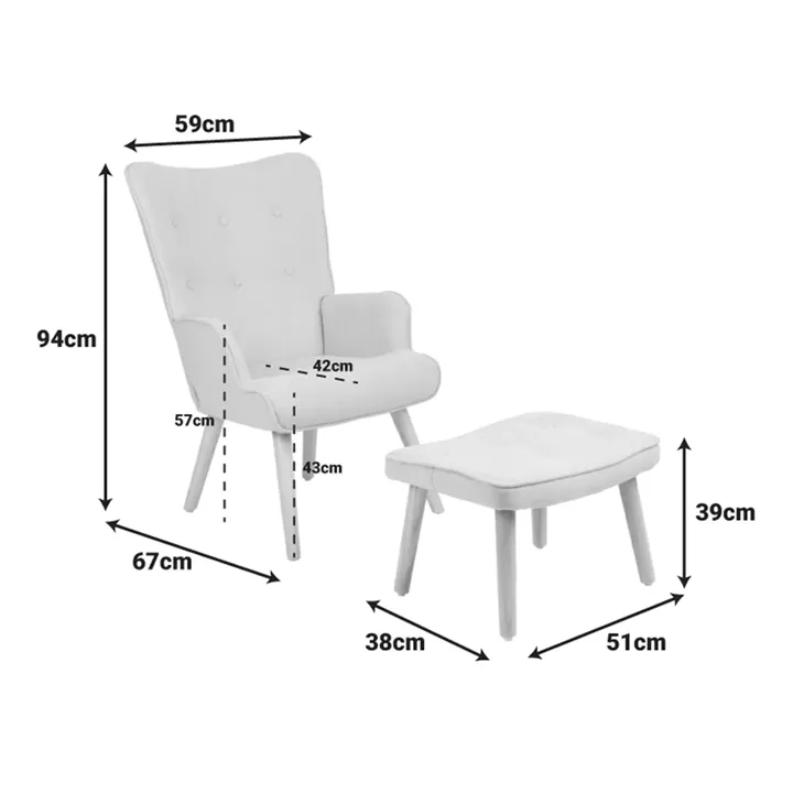 Armchair with footstool Melisia pakoworld velvet grey-natural color wooden leg 59x67x94cm