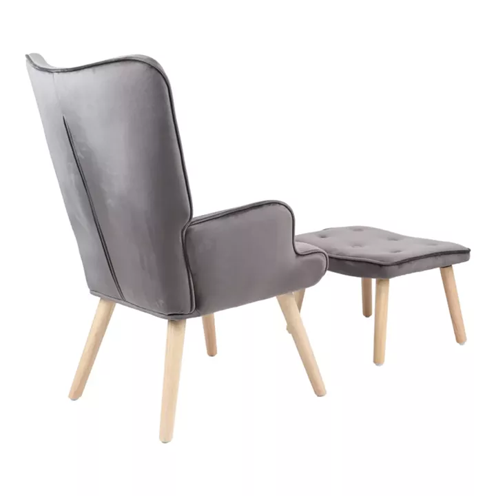 Armchair with footstool Melisia pakoworld velvet grey-natural color wooden leg 59x67x94cm