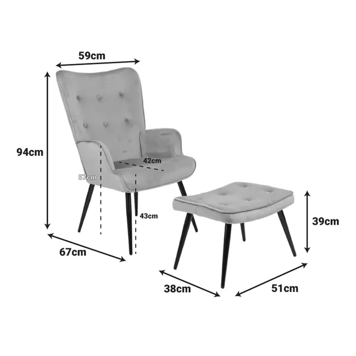 Armchair with footstool Siella pakoworld grey velvet-black metal leg 59x67x94cm