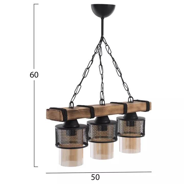 CEILING PENDANT 3-LIGHT WITH CHAIN WOOD AND METAL CAPS 50x12x60Hcm.HM7699.01