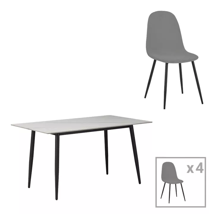 Gustas-Bella pakoworld dining set 5pcs white marble sintered stone-grey velvet 120x60x75cm