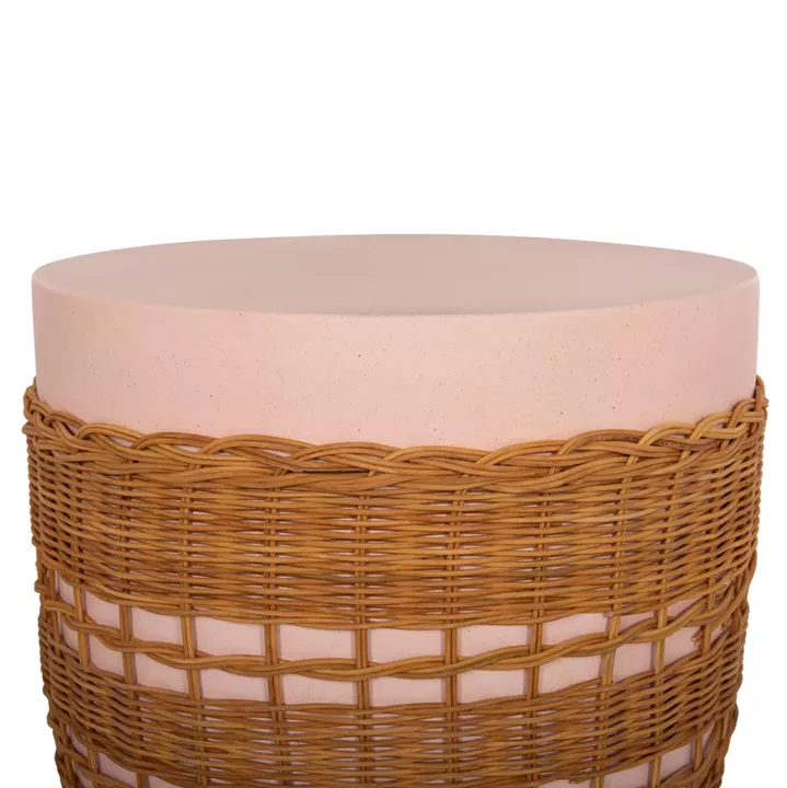 SIDE TABLE ROUND VILHENA HM18166 FIBER CEMENT PINK--NATURAL RATTAN Φ44.5x45Hcm.