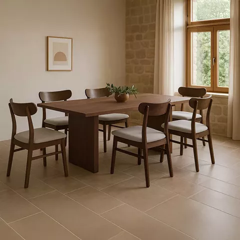 Τραπεζαρία Eleganza-Cairo pakoworld σετ 7τεμ mdf σε καρυδί-εκρού απόχρωση 180x99x75.8εκ
