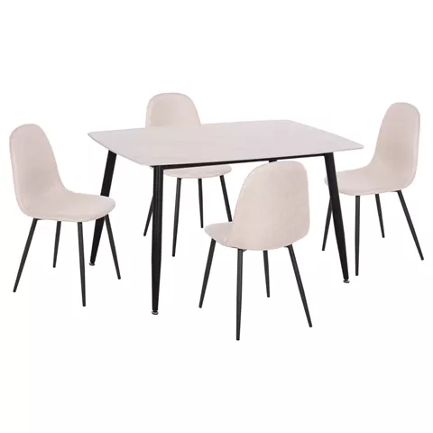 DINING SET 5PCS RAVEN HM21068.01 CERAMIC TOP WHITE MARBLE--BEIGE FABRIC