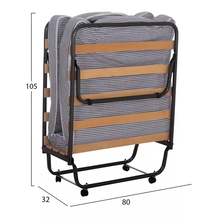 FOLDABLE BED NOBLE ΗΜ393.01 METALLIC WITH WHEELS & MATTRESS IN BLUE-WHITE 80x182x37.5Hcm.
