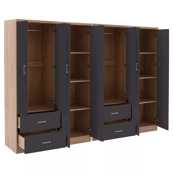8-LEAF WARDROBE BRIANA HM21237.01 MELAMINE IN SONAMA & DARK GREY 241x42,5Χ180,5Hcm.