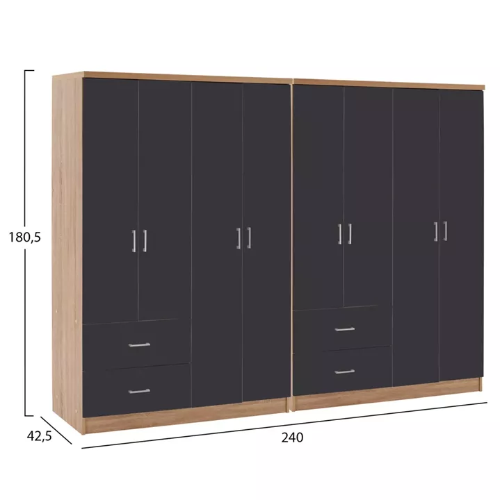 8-LEAF WARDROBE BRIANA HM21237.01 MELAMINE IN SONAMA & DARK GREY 241x42,5Χ180,5Hcm.