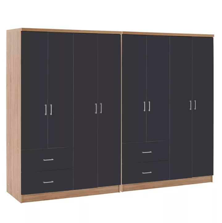 8-LEAF WARDROBE BRIANA HM21237.01 MELAMINE IN SONAMA & DARK GREY 241x42,5Χ180,5Hcm.