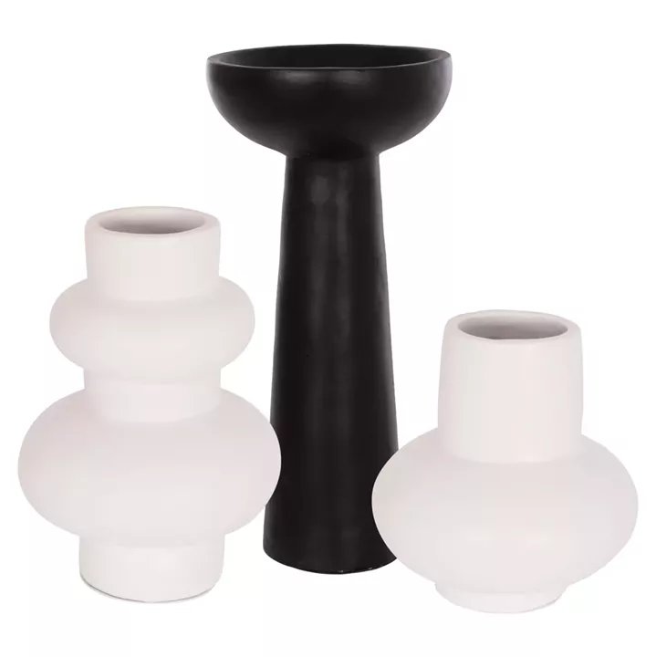 SET OF 3 TABLE DECORATIVE VASES LEKKAN HM21142.02 TERRACOTTA IN WHITE & BLACK