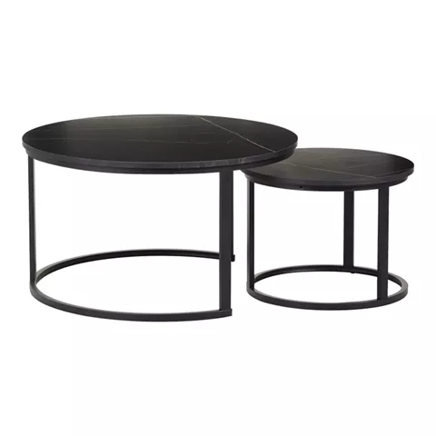 Coffee tables Solme I pakoworld 2pcs in black marble color with black metal legs