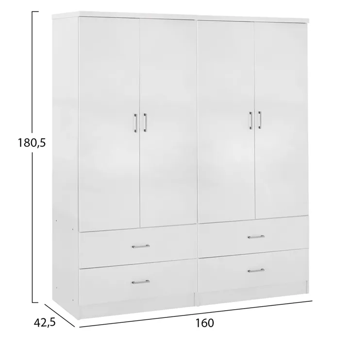 WARDROBE 4-LEAF WITH 4 DRAWERS REINA HM21258 MELAMINE IN WHITE 160x42.5x180.5Η