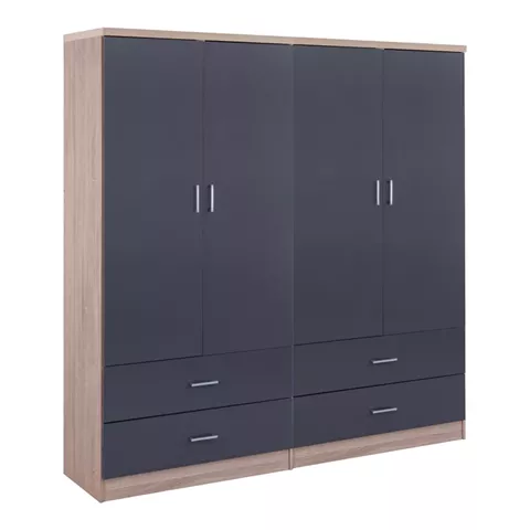 WARDROBE 4-LEAF WITH 4 DRAWERS REINA HM21259 MELAMINE GREY-SONAMA 160x42x180Η