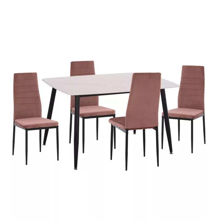 DINING SET 5PCS RAVEN HM21264.01 CERAMIC TOP WHITE MARBLE--VELVET IN DUSTY PINK
