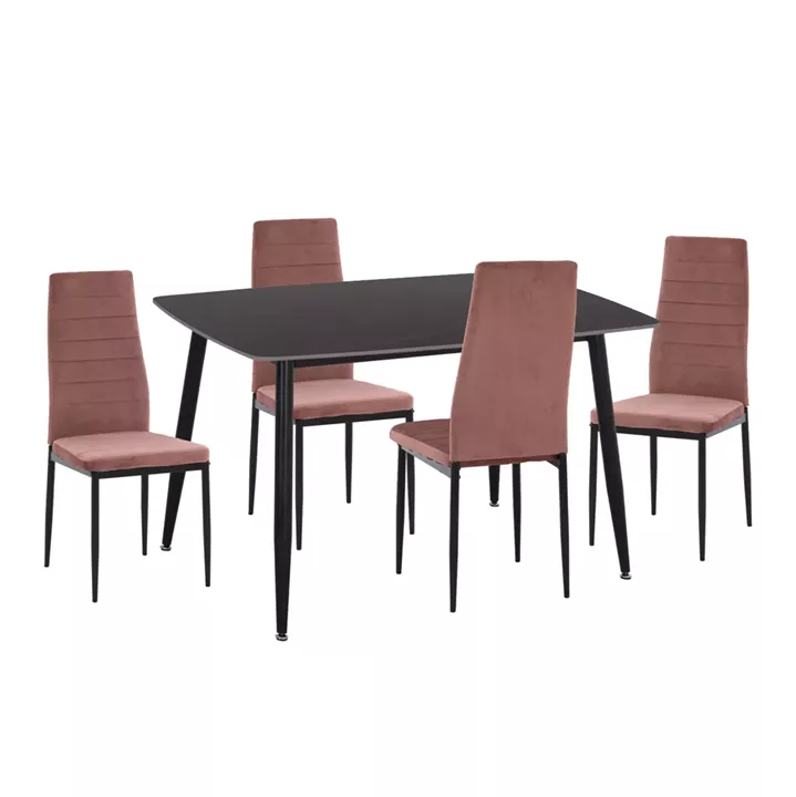 DINING SET 5PCS RAVEN HM21264.02 CERAMIC TOP BLACK MARBLE--VELVET IN DUSTY PINK