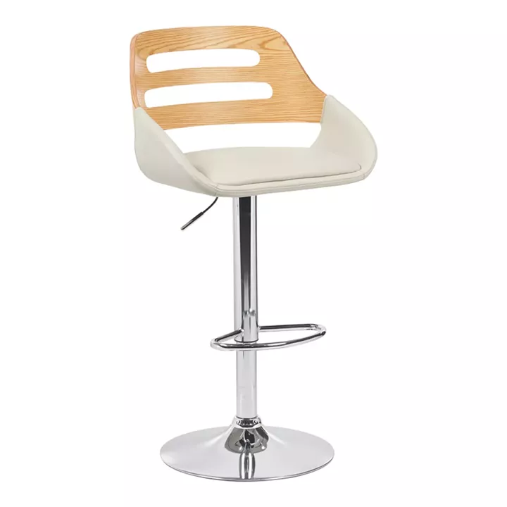 Fern pakoworld folding bar stool beige pu- gray wood - chrome metal 50x48.5x89-110.5cm