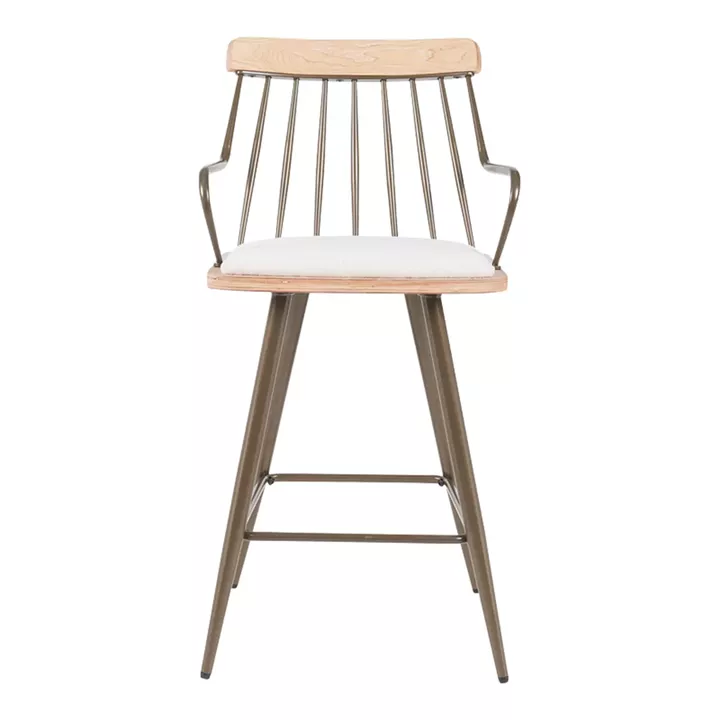 Posse bar stool pakoworld bronze metal-white wash wood-beige fabric 48x54x92.5cm