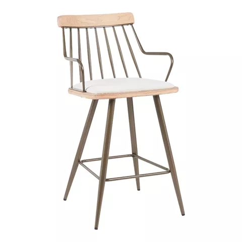 Posse bar stool pakoworld bronze metal-white wash wood-beige fabric 48x54x92.5cm