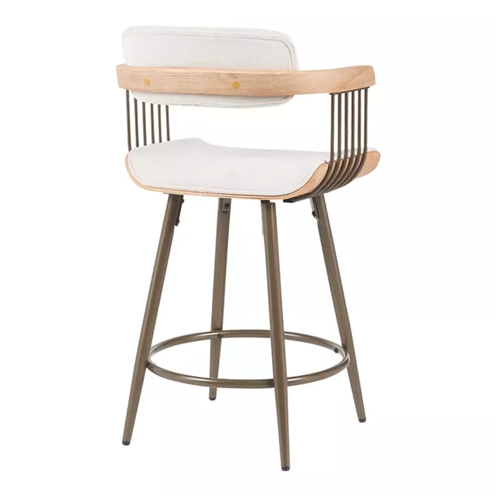 Bar stool Cameo pakoworld metal bronze-white-wash wood-beige fabric 53x50x93cm