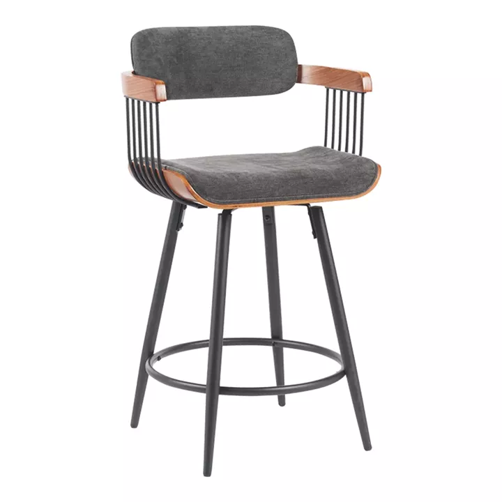 Bar stool Cameo pakoworld metal black-walnut wood-dark grey fabric 53x50x93cm