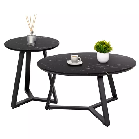 COFFEE TABLES 2PCS SET ROCKET HM21090 MDF IN BLACK MARBLE COLOR Φ80cm & Φ45cm