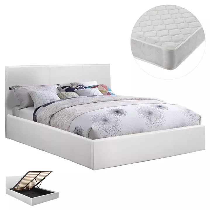 DOUBLE BED WITH MATTRESS BOBBI HM21271.01 WHITE PU WITH STORAGE SPACE--FOR 150X200cm.