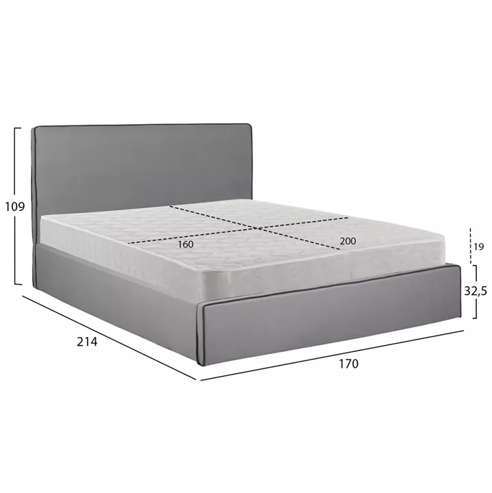 DOUBLE BED WITH MATTRESS ALLIE HM21273.01 GREY FABRIC WITH STORAGE SPACE--FOR 160x200cm.