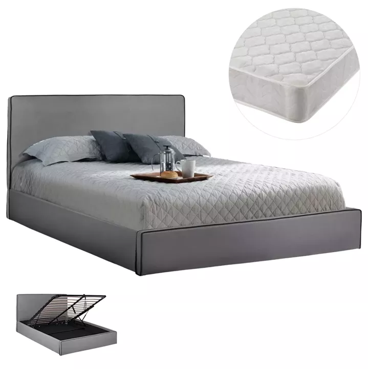DOUBLE BED WITH MATTRESS ALLIE HM21273.01 GREY FABRIC WITH STORAGE SPACE--FOR 160x200cm.