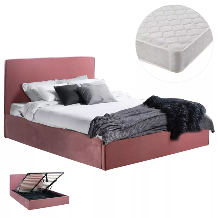DOUBLE BED WITH MATTRESS ALLIE HM21273.02 DUSTY PINK VELVET WITH STORAGE SPACE--FOR 160x200cm.