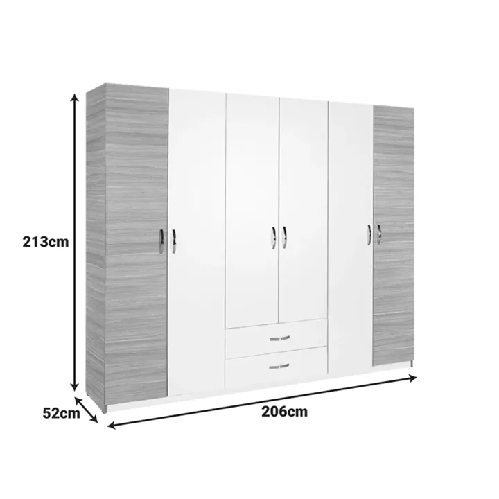 Dormie pakoworld six-door wardrobe with drawers in white 206x52x213cm
