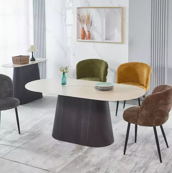 DINING TABLE OVAL CATER HM18320 CERAMIC TOP IN TRAVERTINE STONE LOOK--MDF BASE 188x98x78Hcm.