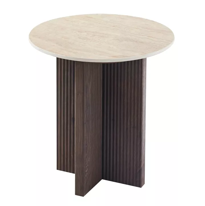 SIDE TABLE SKY HM18330 CERAMIC TOP WITH TRAVERTINE STONE LOOK--MDF BASE IN BROWN Φ45x50H