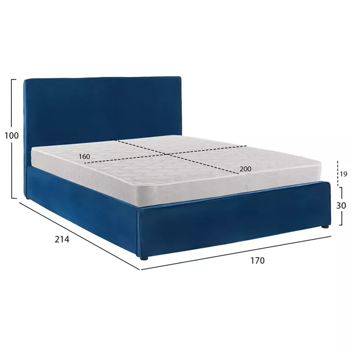 DOUBLE BED WITH MATTRESS ALLIE HM21273.04 BLUE VELVET WITH STORAGE SPACE--FOR 160x200cm.
